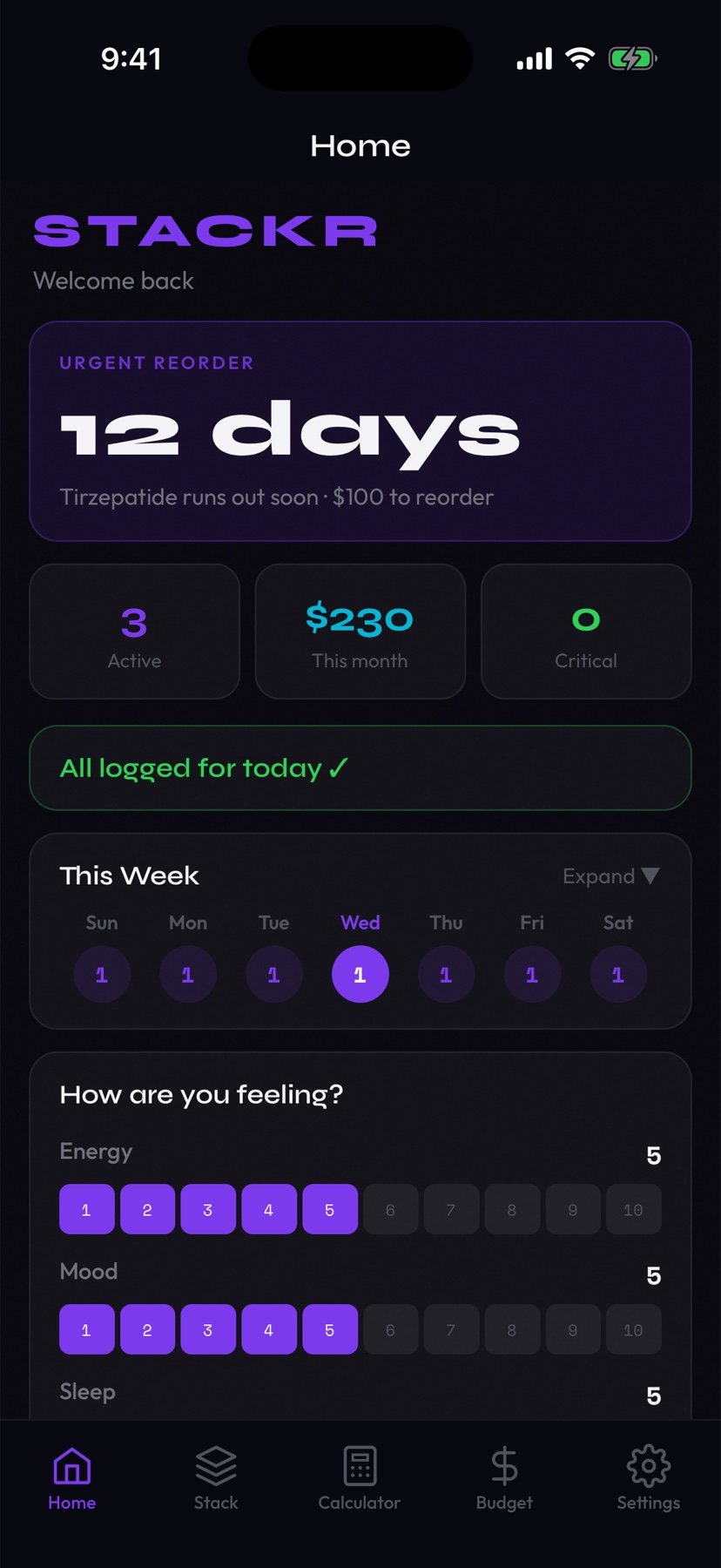 Stackr home screen: an urgent reorder card reading 12 days for Tirzepatide, with active items, monthly spend, and the week's logged doses