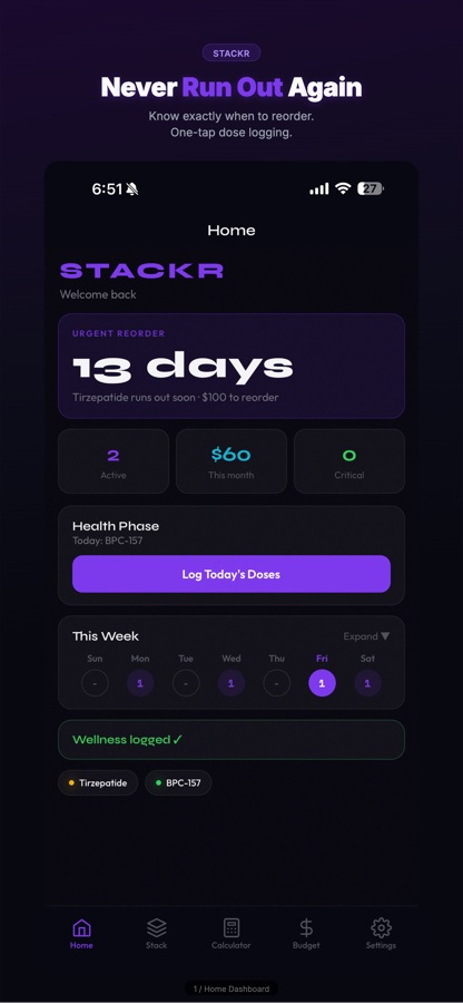 Stackr home screen showing depletion tracking with 13 days remaining